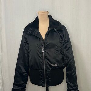 Y2K Star City Faux Fur Bomber Jacket - Black | Size L